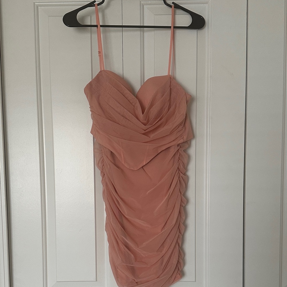 Oh Polly Strapless Peach Ruched Dress